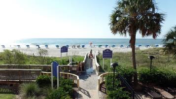 A beach view with a wooden walkway leading to the shore, palm trees, and beach umbrellas.