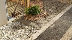Een tuin met verschillende planten en een houten omheining.