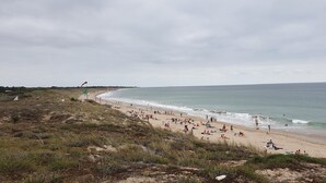 Een strand met mensen die zonnebaden en zwemmen, een vlag en een vlaggenmast.