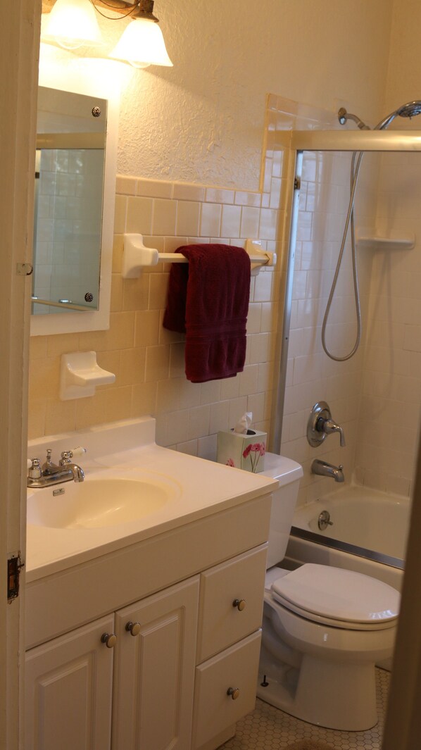 Uma casa de banho com uma sanita, um lavatório branco, um espelho e um chuveiro com um esguicho manual, com uma toalha pendurada num porta-toalhas.