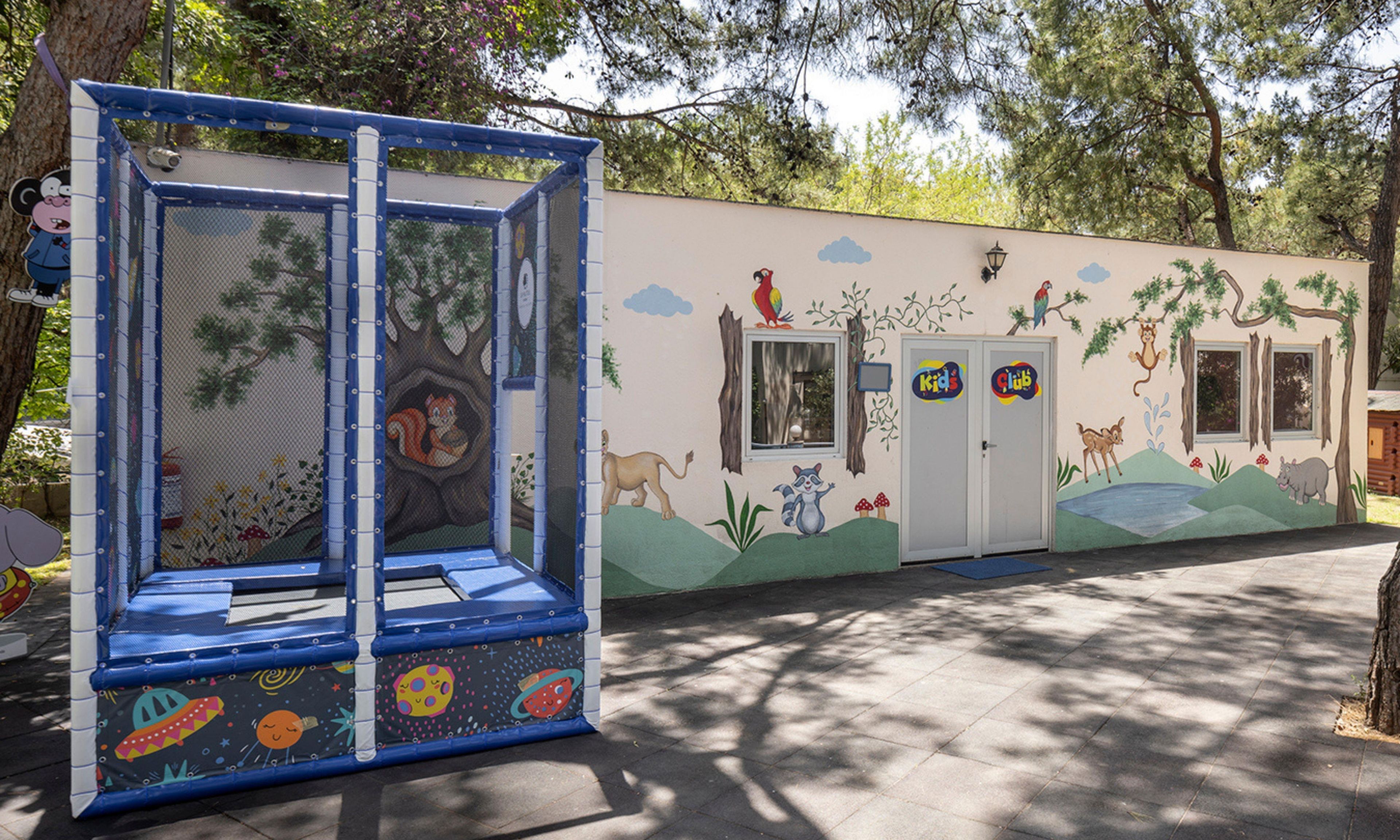 A children's play area with a climbing structure and a mural with wildlife.