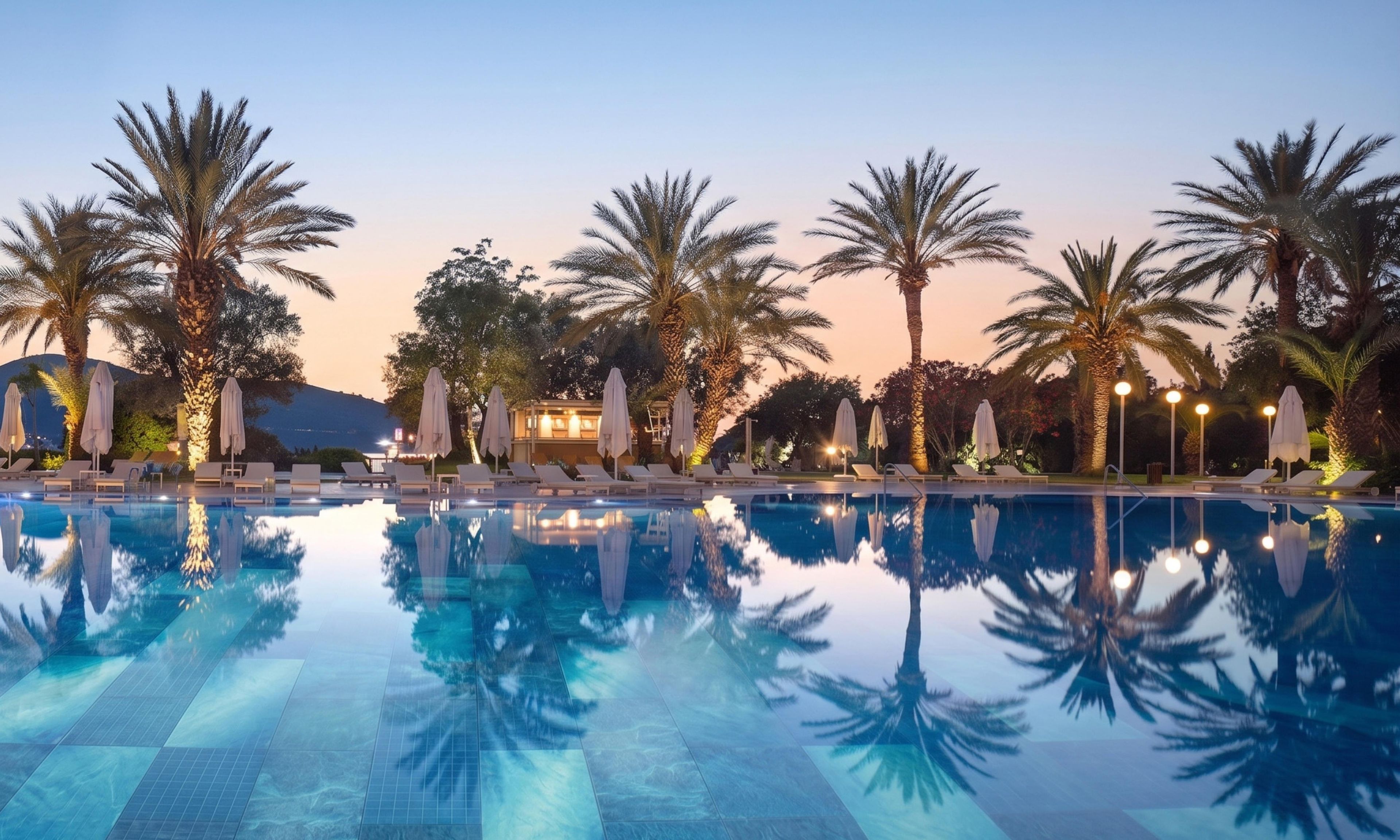 A pool area with lounge chairs and umbrellas, surrounded by palm trees.