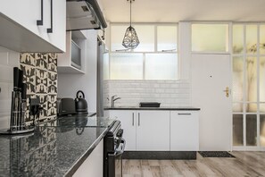 Fridge, microwave, stovetop, electric kettle