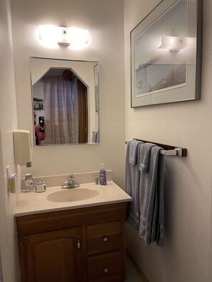 Dusche, Haartrockner, Handtücher, Seife