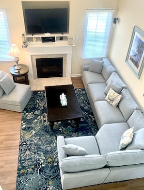 Smart TV, fireplace, video games, DVD player