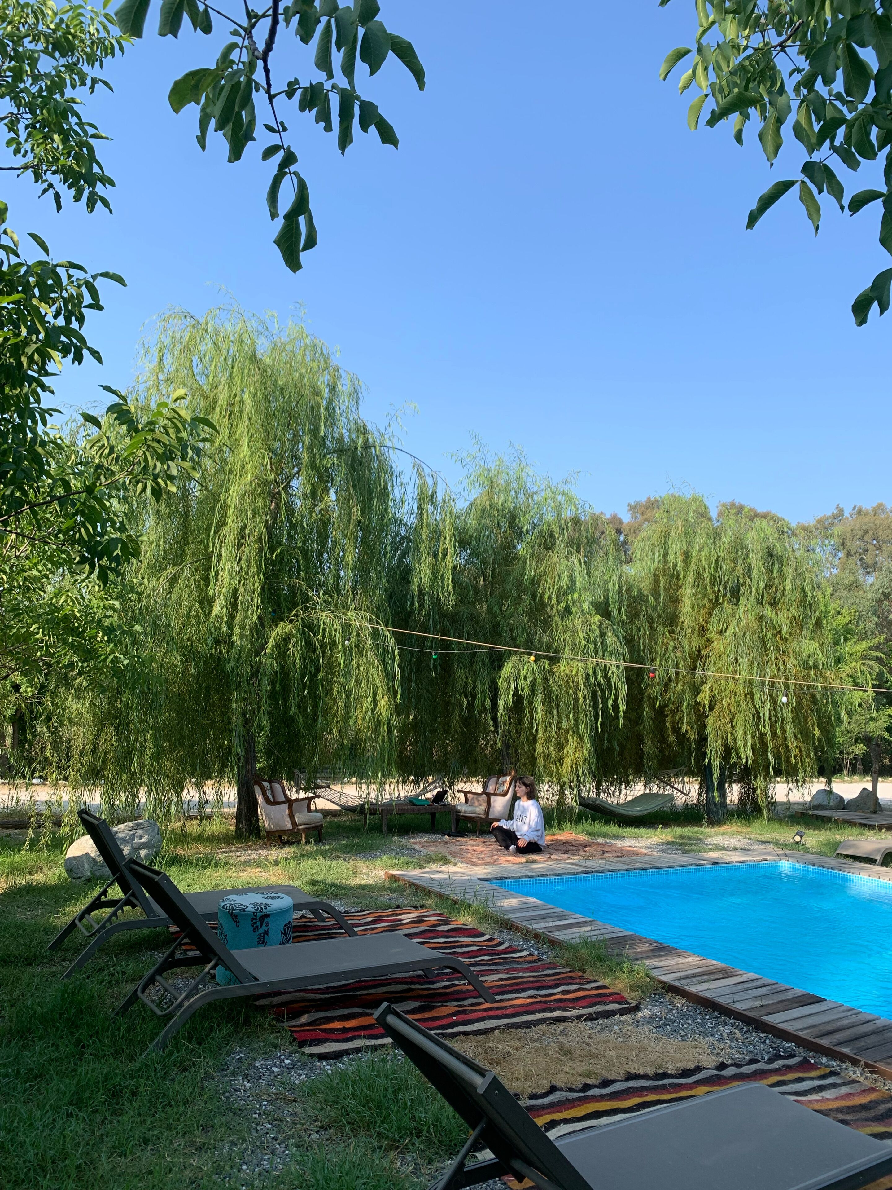 Zona junto a la piscina con sillones de descanso, una piscina pequeña y sauces llorones.