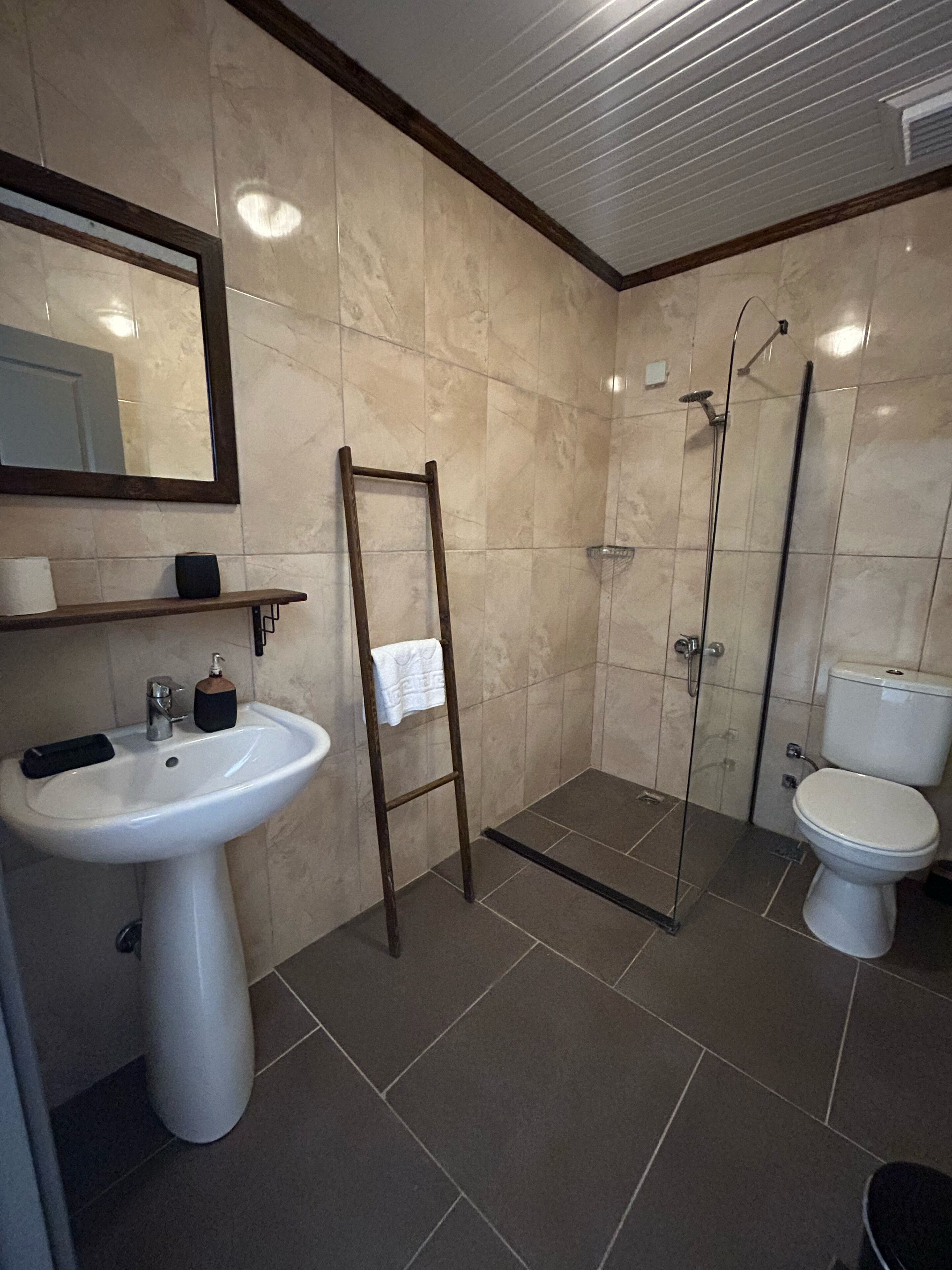 Een badkamer met een wastafel op een zuil, een spiegel, een douchecabine en een toilet.