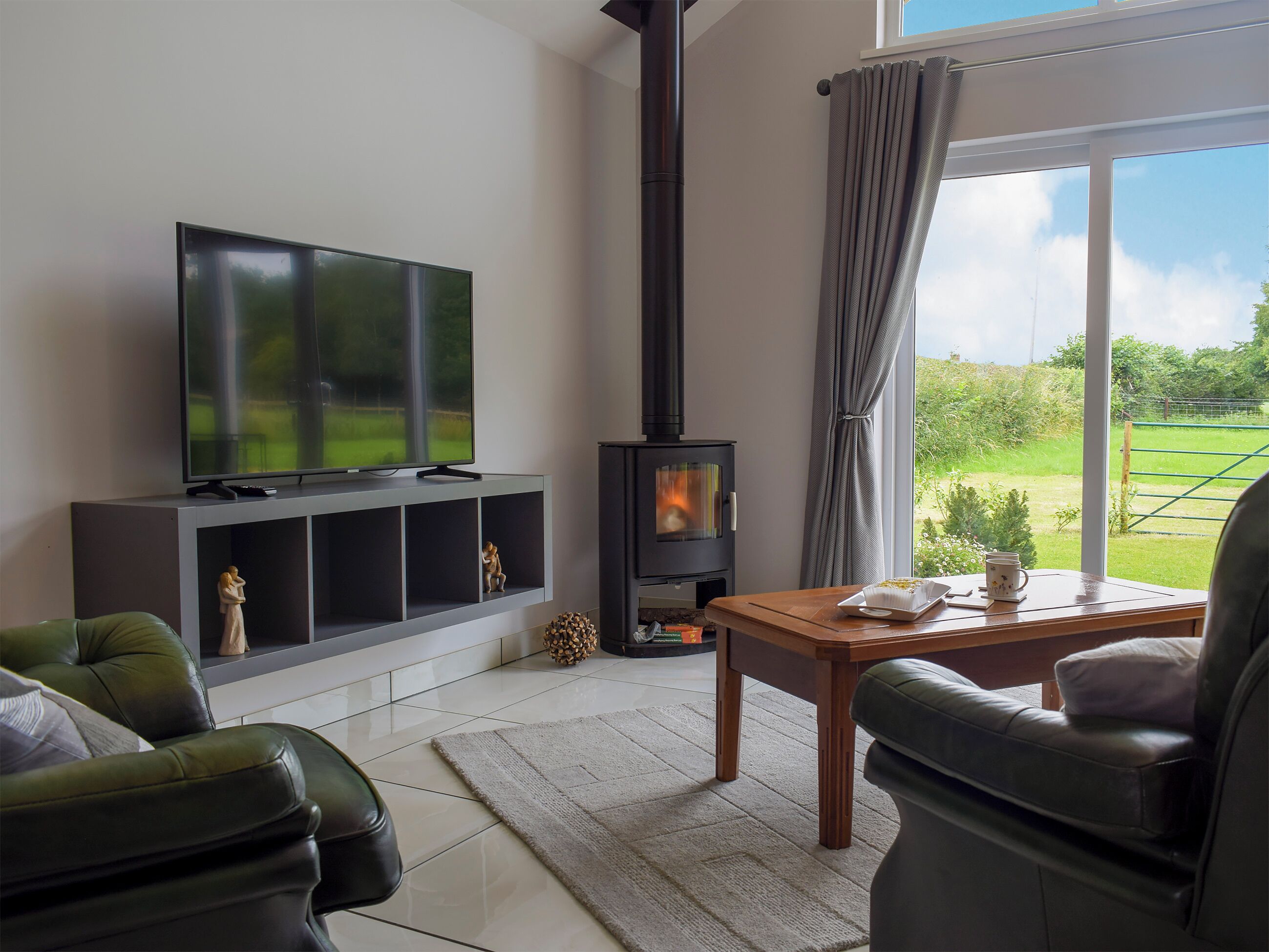 Una sala de estar moderna con un televisor de pantalla plana, una chimenea y vistas al exterior.