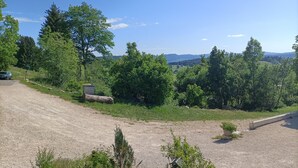 A gravel path leading to a building surrounded by dense greenery and trees. - Gîte la grange de l'errance (Giron)