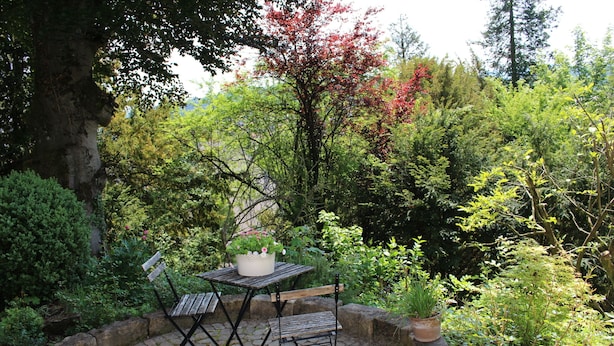 A patio with a wooden table and chairs surrounded by lush greenery and a stone pathway.