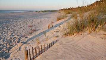 On the beach, sun loungers