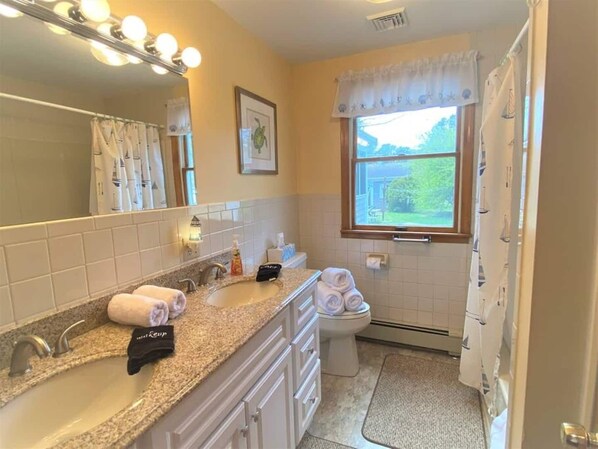 Une salle de bain avec un meuble-lavabo, un évier, un miroir et une fenêtre donnant sur un paysage verdoyant.