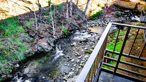 Une rivière traverse un paysage rocheux, et une rambarde métallique est installée sur la rive droite.