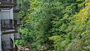 Un immeuble à plusieurs étages doté de balcons donnant sur un ruisseau rocheux et une forêt dense.