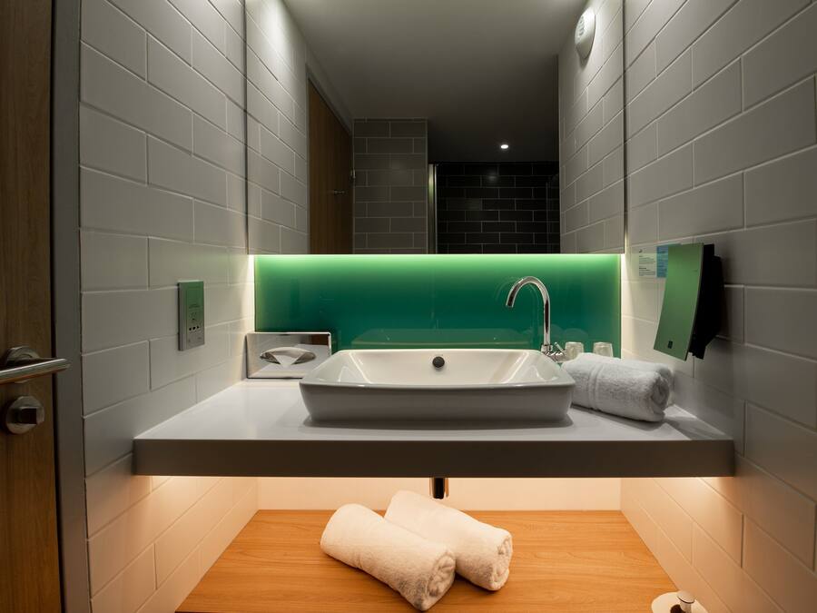 A modern bathroom with a large sink, a mirror, and a green accent wall.