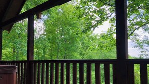 A wooden deck with a railing, overlooking a dense green forest. - A view for 2 & Cozy, Close to PF and Gatlinburg (Gatlinburg)