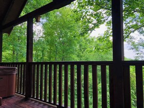 Une terrasse en bois dotée d’une rambarde, qui offre une vue sur une forêt verdoyante et dense.