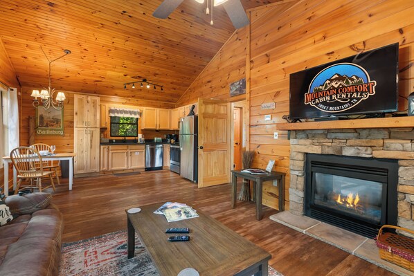 Smart TV, fireplace, video library
