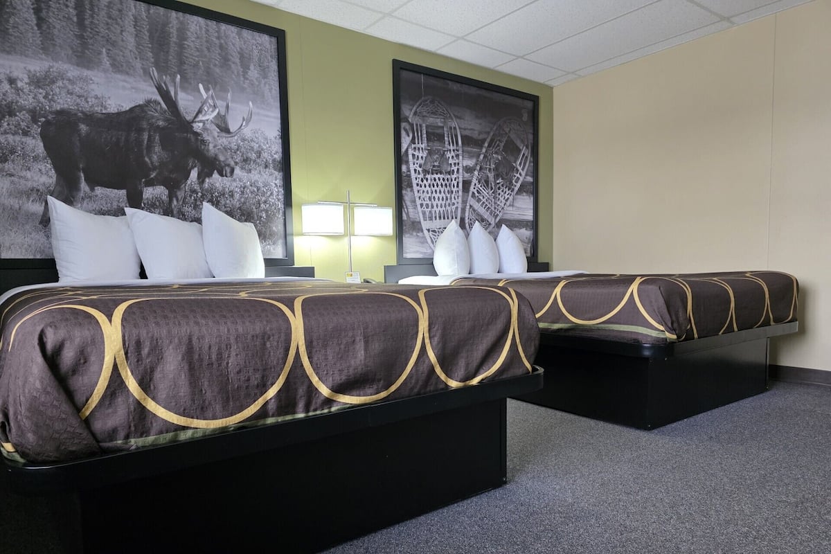 Een hotelkamer met twee bedden, een nachtkastje met een lamp en twee ingelijste foto’s aan de muur.