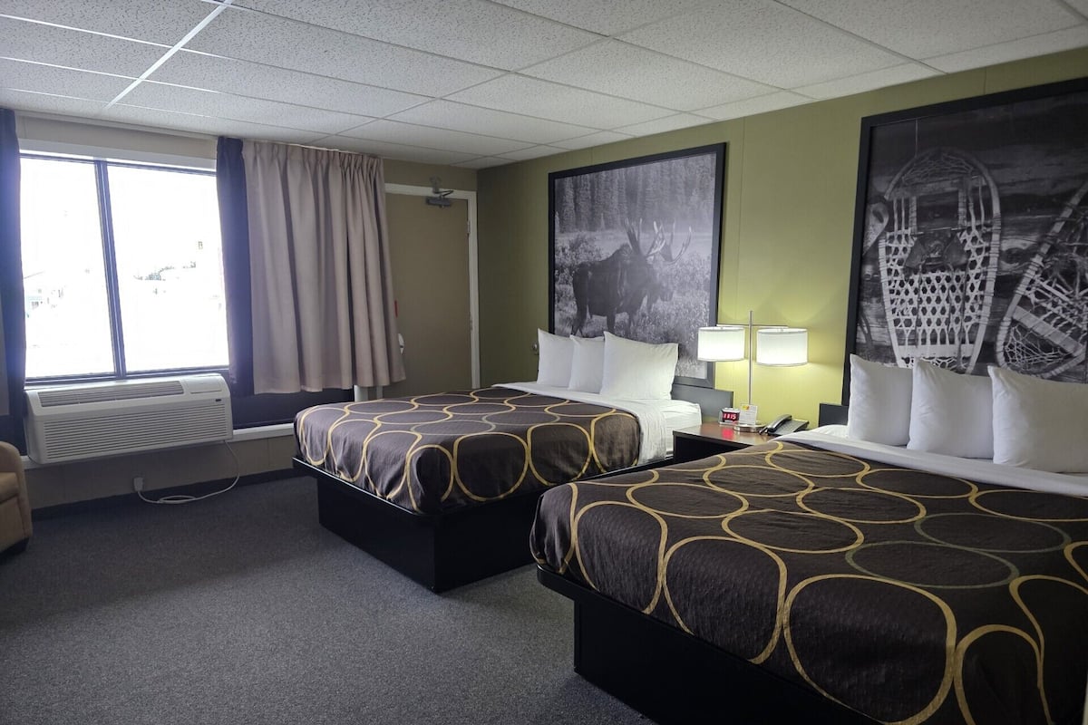 Hotelkamer met twee bedden, een raam met gordijnen, een wandairconditioner en een groot, ingelijst schilderij.