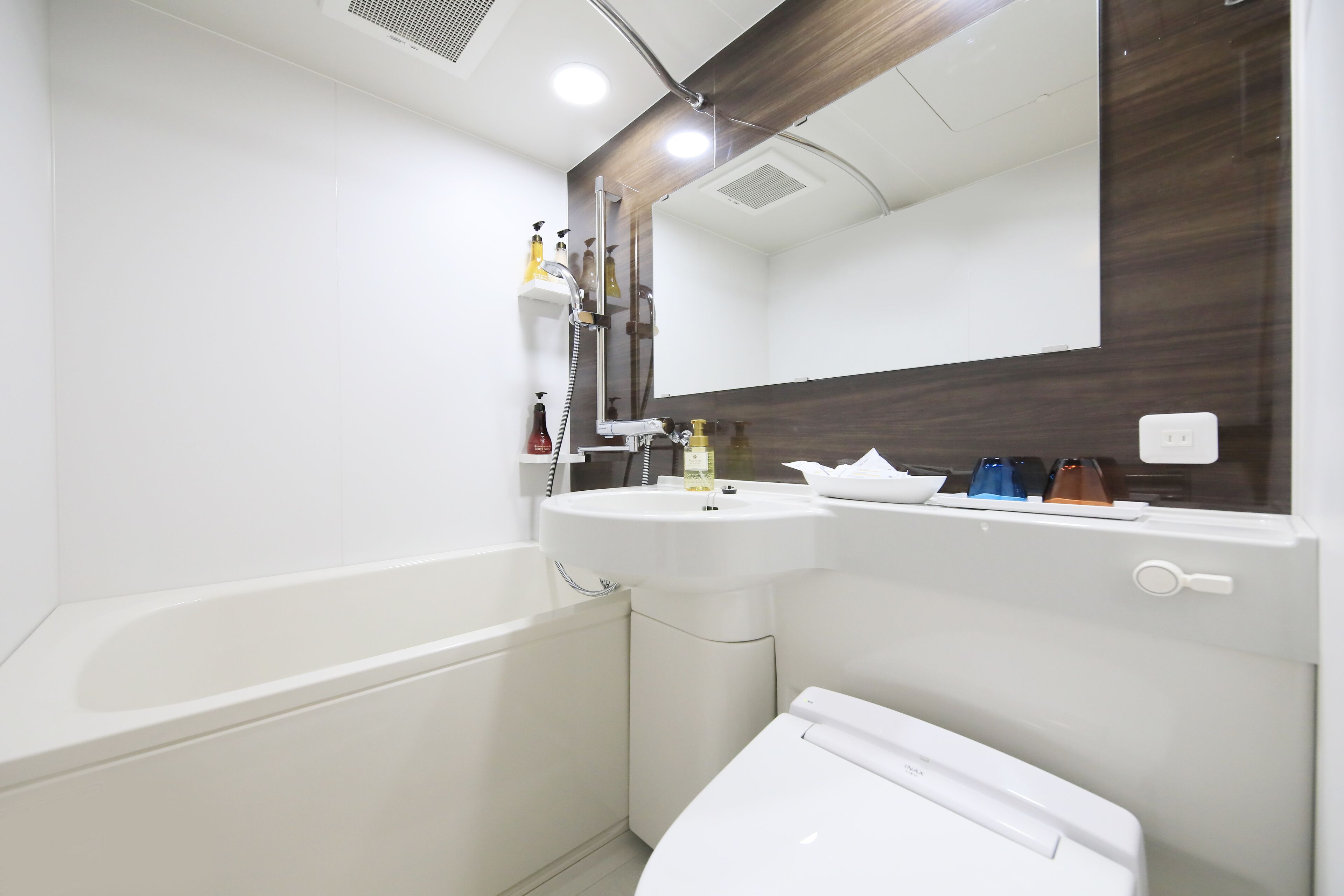 combined shower/bathtub, free toiletries, hair dryer, slippers