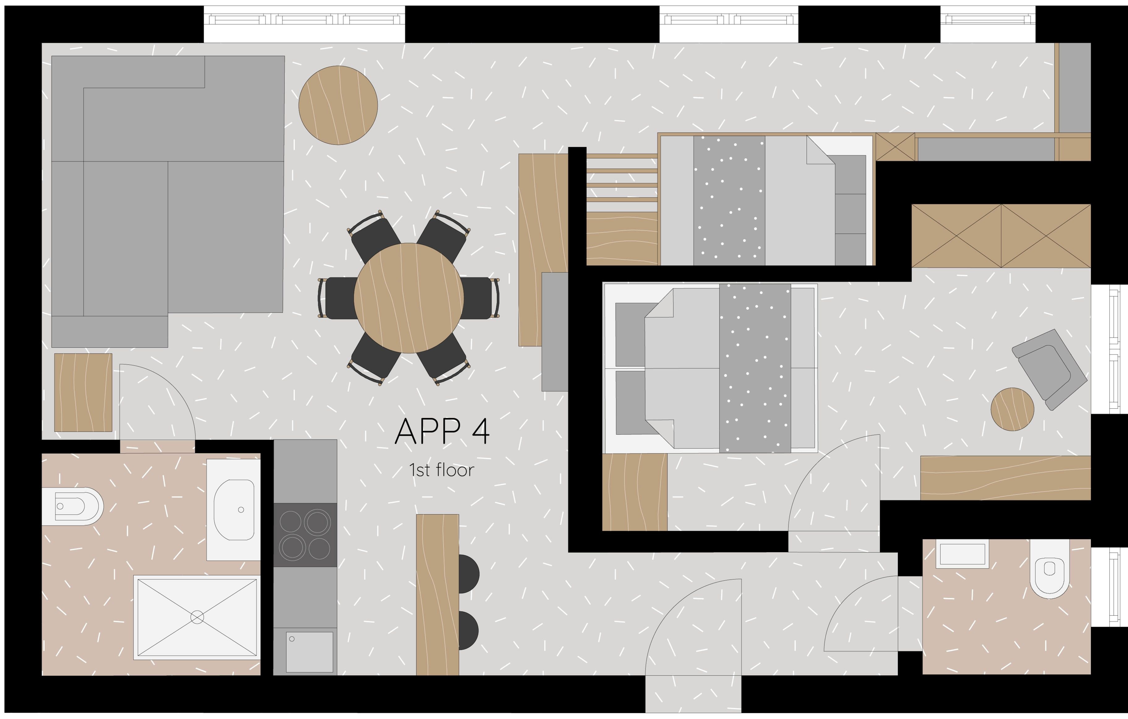 Planta baixa de um quarto de hotel com área de refeições, banheiro e cozinha compacta.