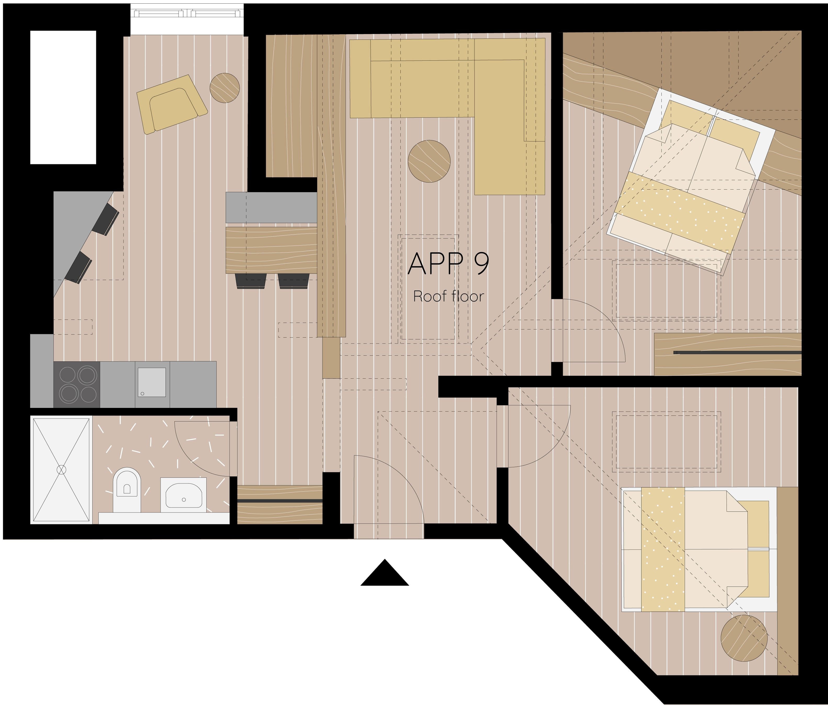 A floor plan with a kitchen, dining area, and a living room labeled 'APP 9 Roof floor'.