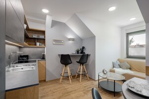 A modern kitchen with a built-in sink and wooden shelves, a dining area with two black chairs, a small round table, and a sofa with a view through a large window.