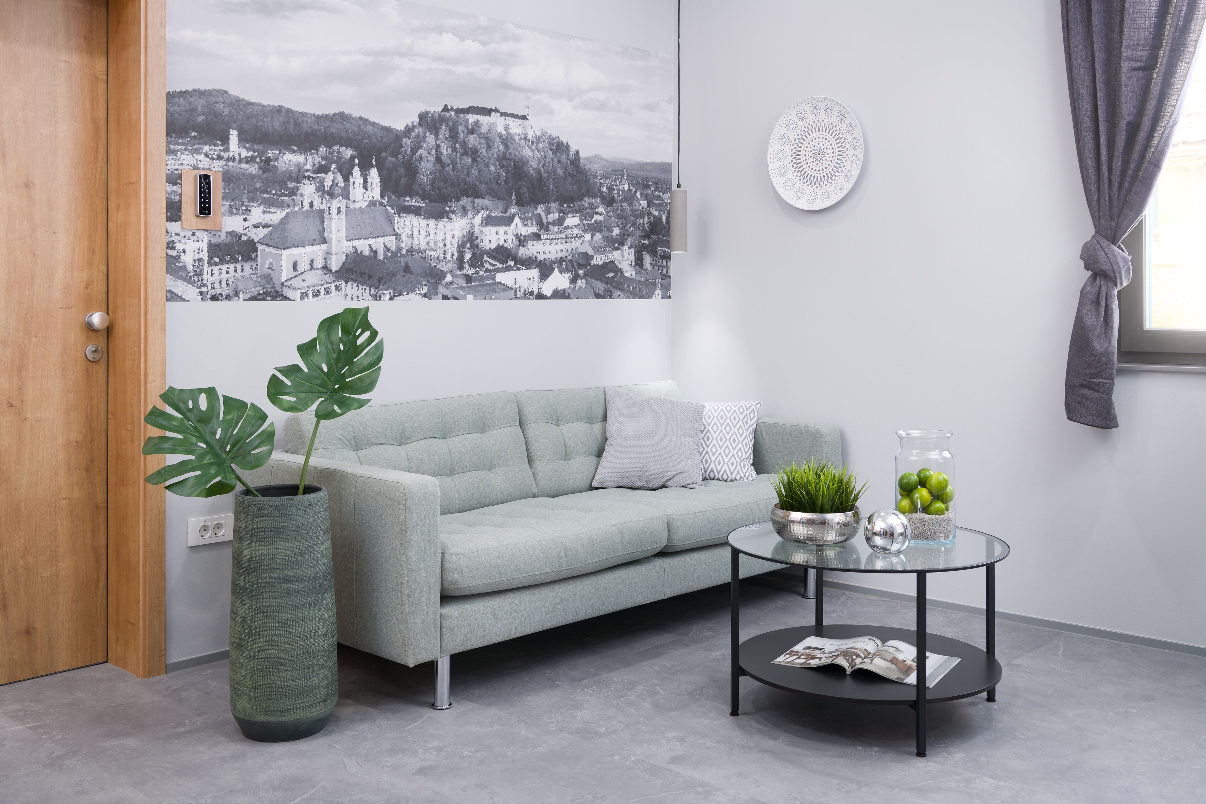 A modern living room with a grey sofa, a round glass coffee table, a large potted plant, and a wall-mounted picture.