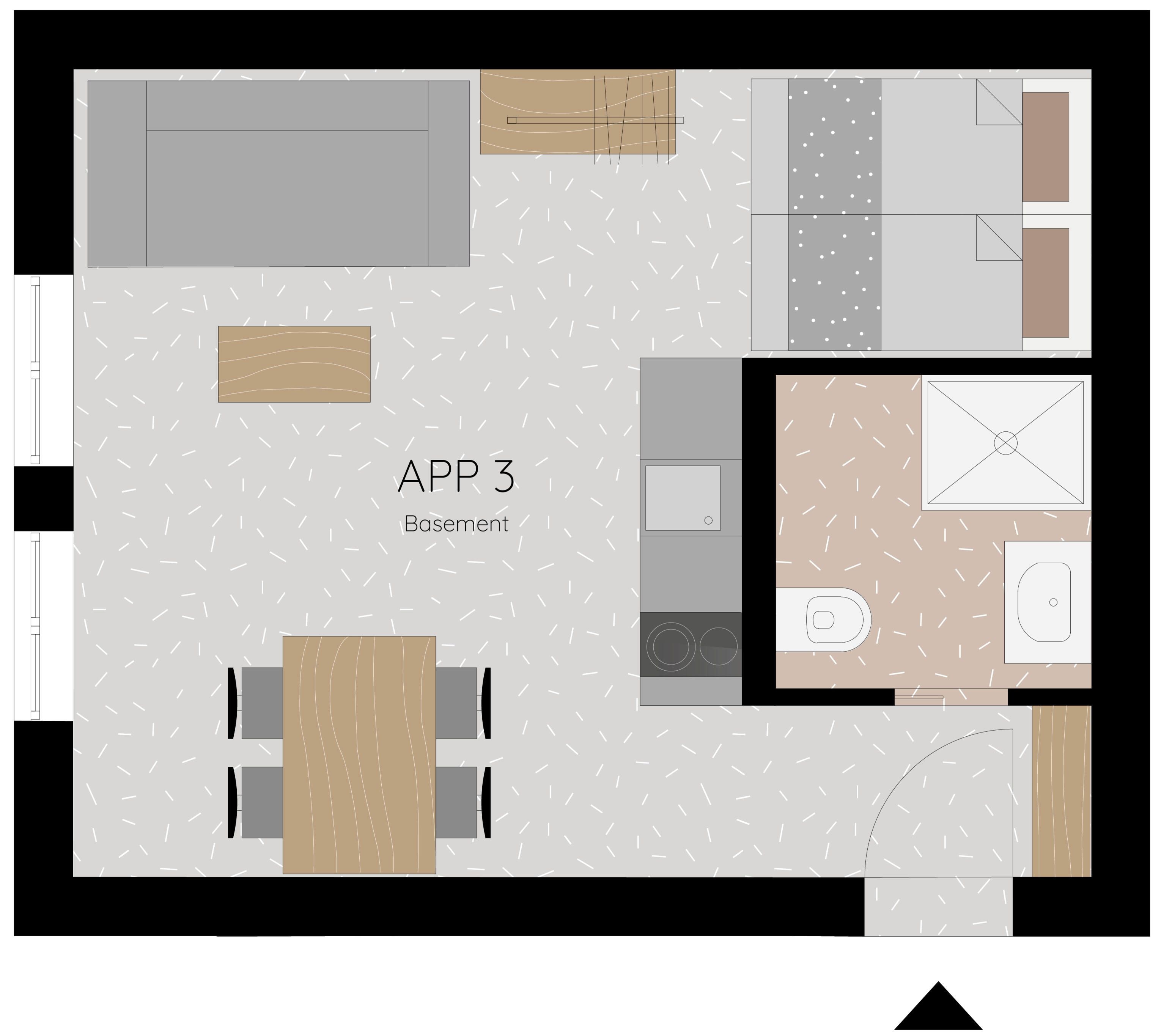 A floor plan of a property labeled 'APP 3 Basement' with a dining area, kitchen, and a bathroom.