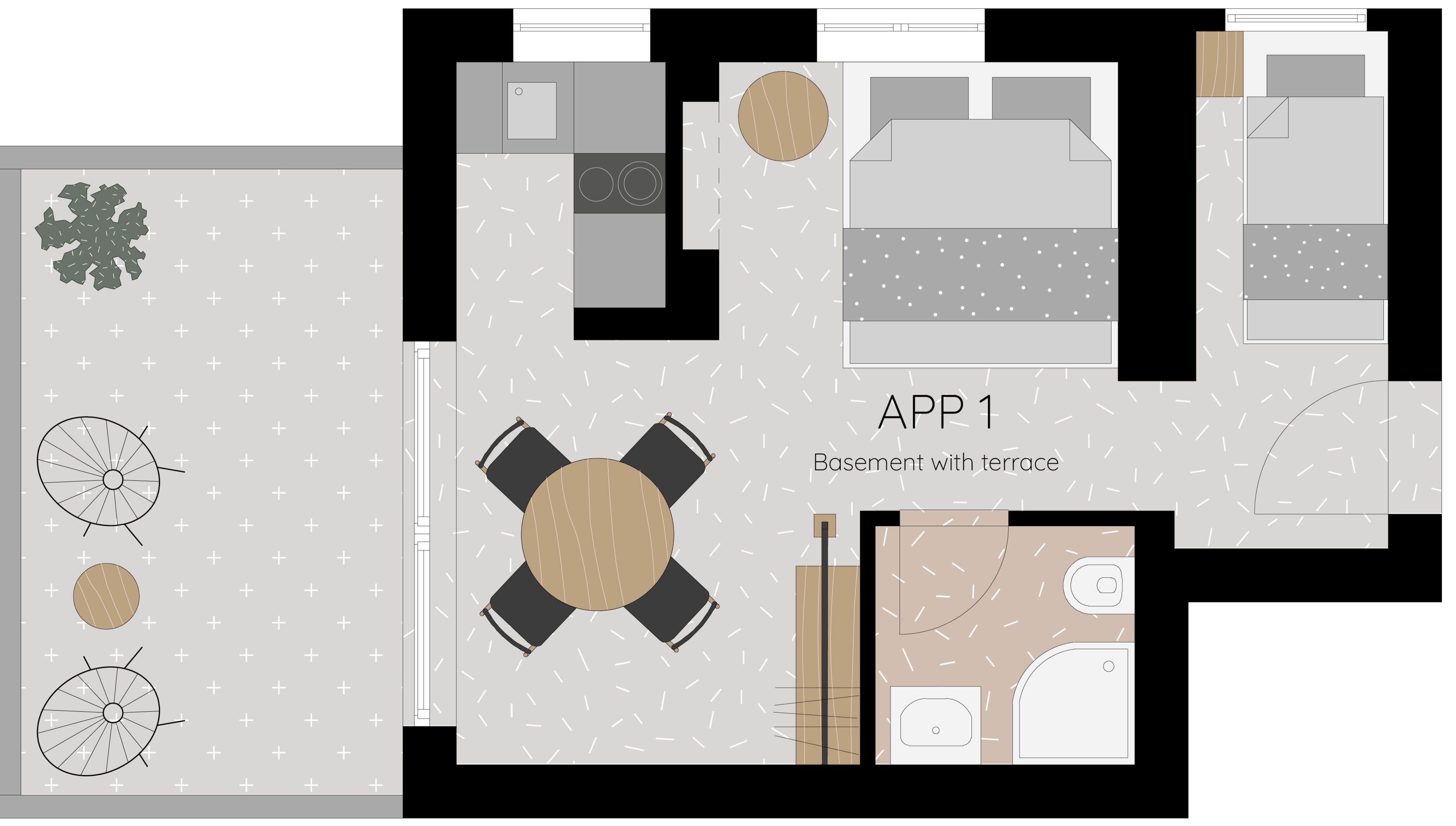 A floor plan of a hotel room labeled 'APP1' with a terrace.