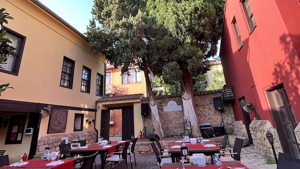 Un área de comedor al aire libre con mesas y sillas de madera, una pared de piedra y un árbol grande.