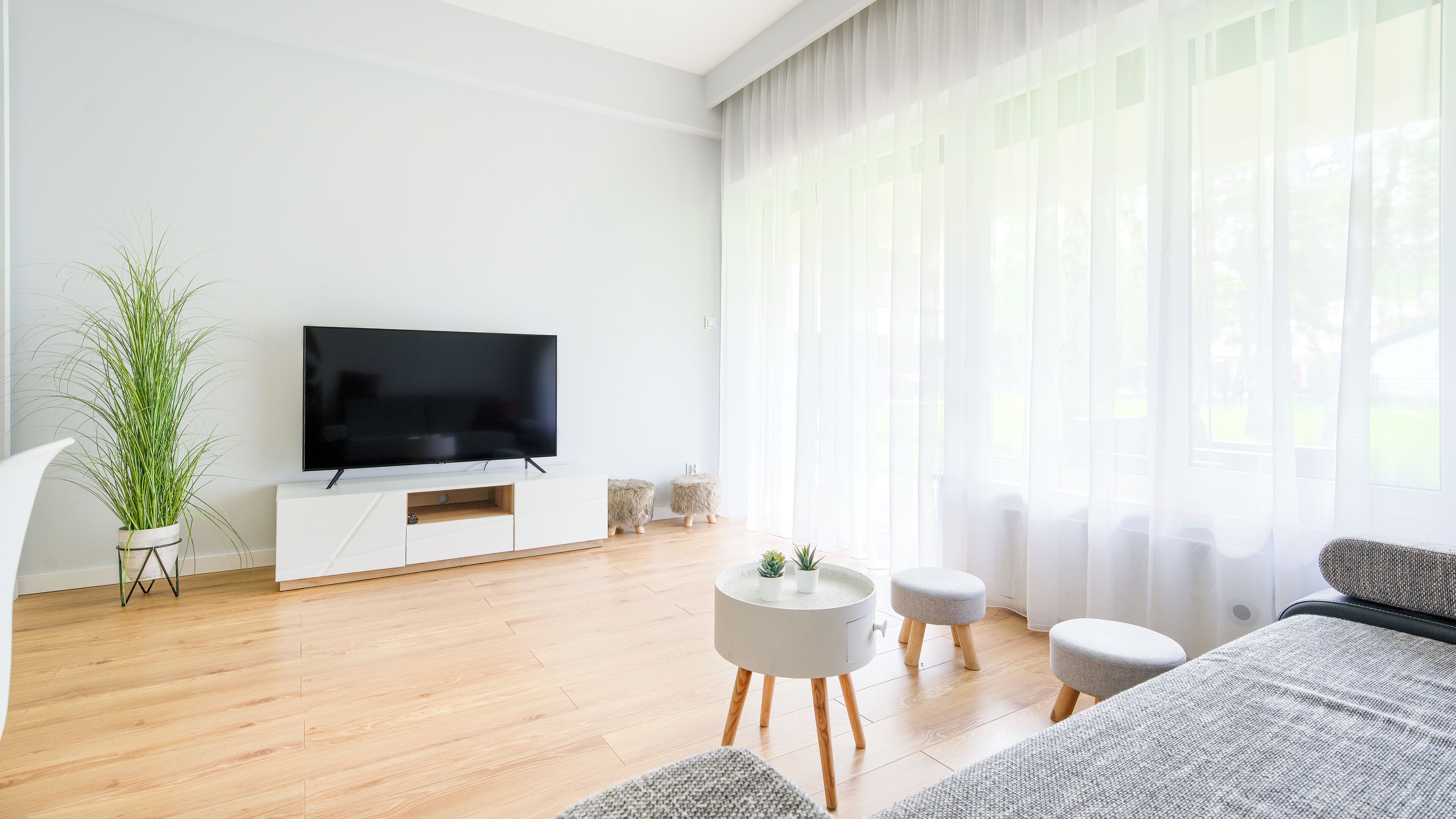 A modern living room with a flat-screen TV, wooden flooring, a large window with sheer curtains, and a grey sofa.
