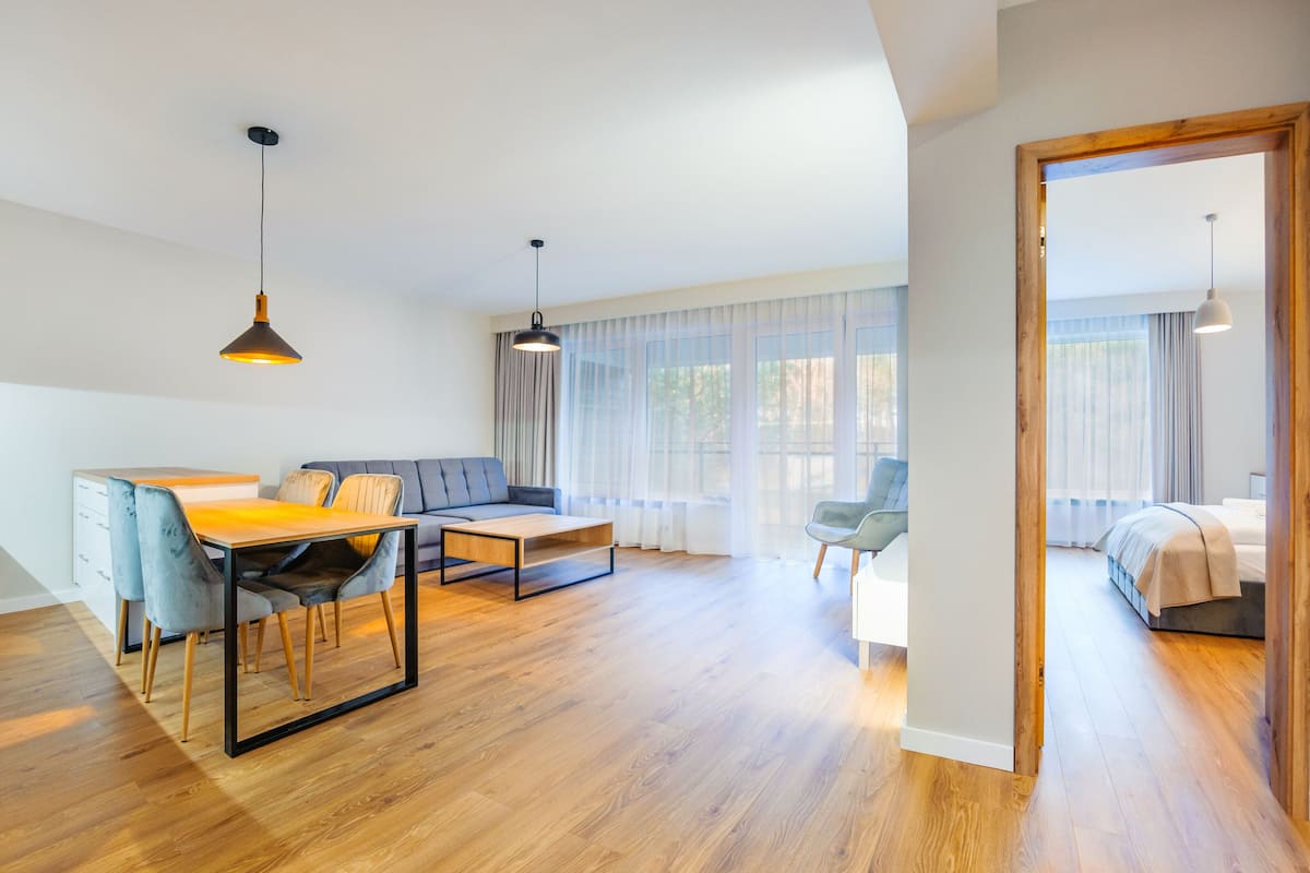 Een moderne woonkamer met een bank, eettafel en stoelen, een keukenhoek en een slaapkamer met een bed.