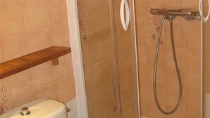 Ein Badezimmer mit einer Duschkabine, einer Toilette und einem Holzboden.