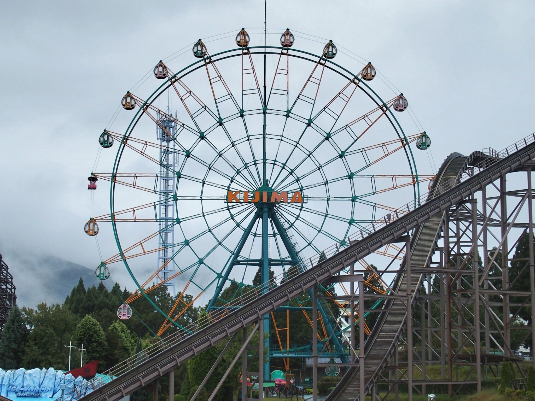 Une grande roue avec des cabines, des montagnes russes et un panneau sur lequel on peut lire « KLIMA ».
