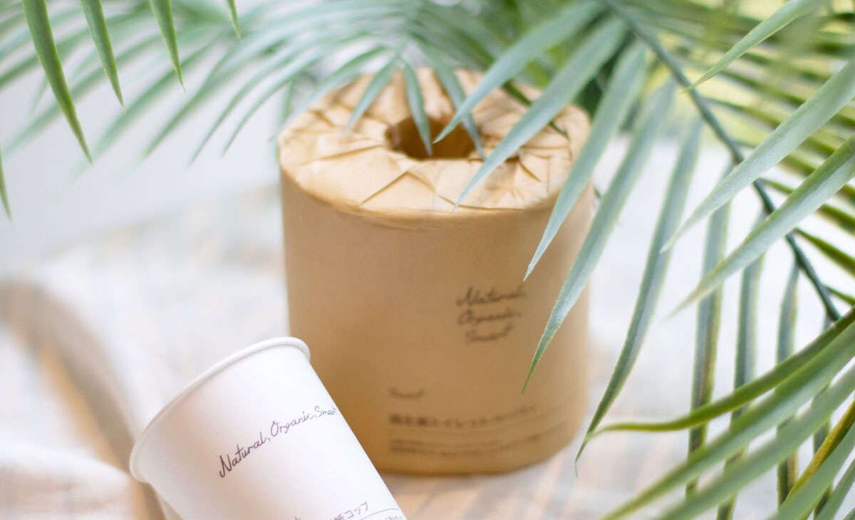 A brown paper container labeled "Natural, Organic, Small" and a white container with the same label, both placed on a surface with a palm leaf in the background.