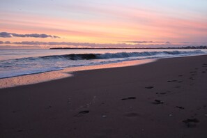 On the beach, sun-loungers, beach towels