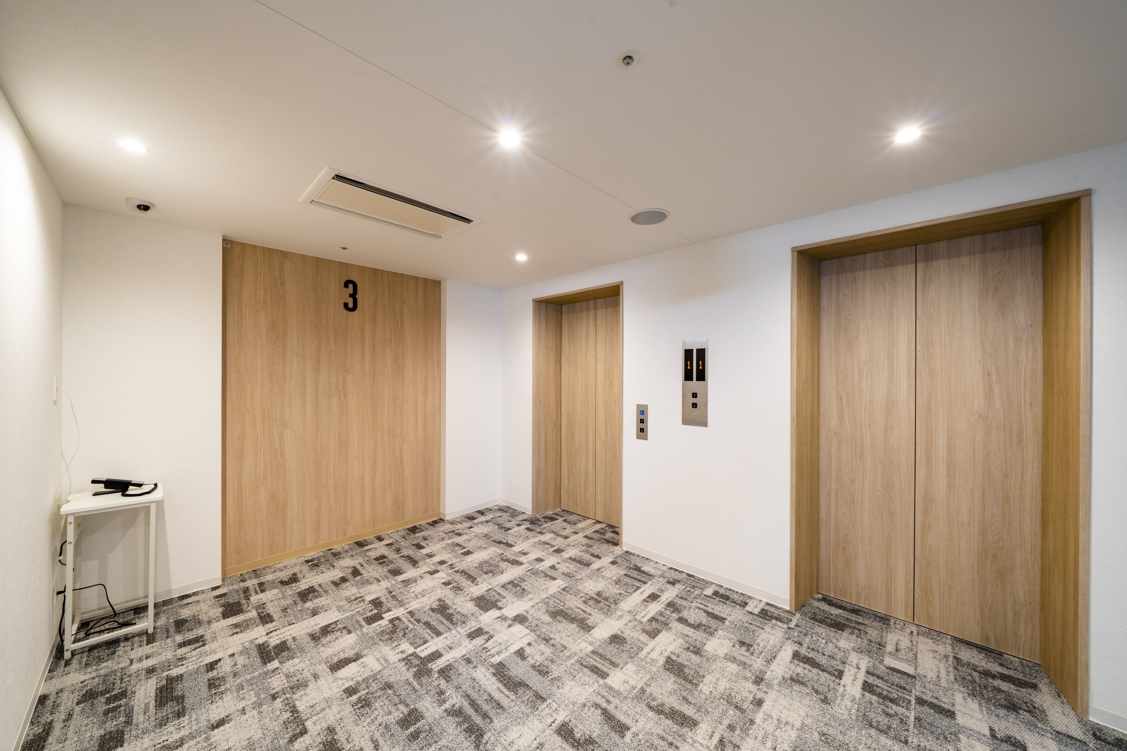 A hallway with two wooden doors, a small white table with a telephone, and a patterned carpet.