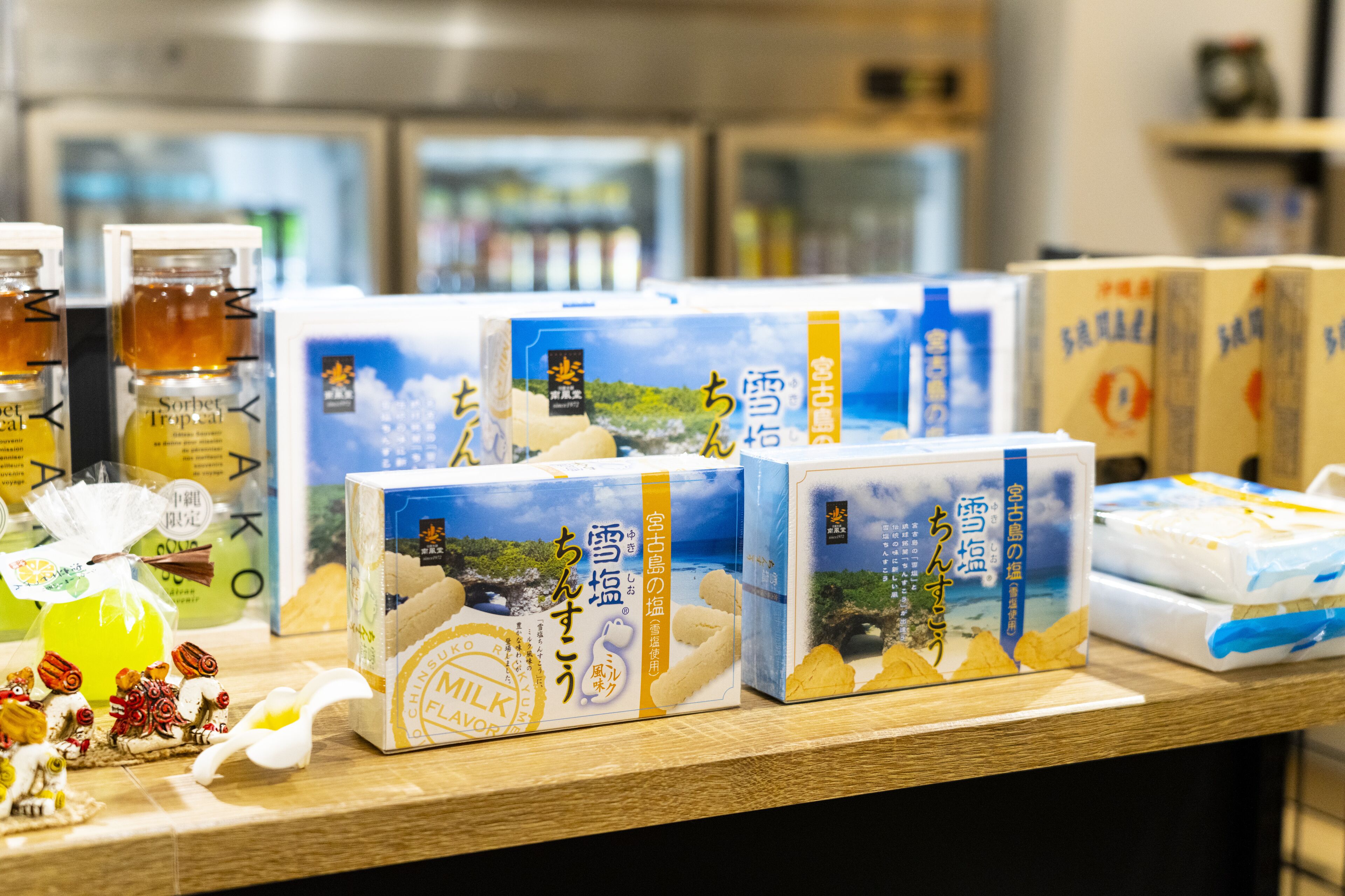 A display of packaged food items on a counter.