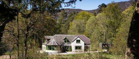 A house with a sloped roof, surrounded by trees and a mountain in the background.