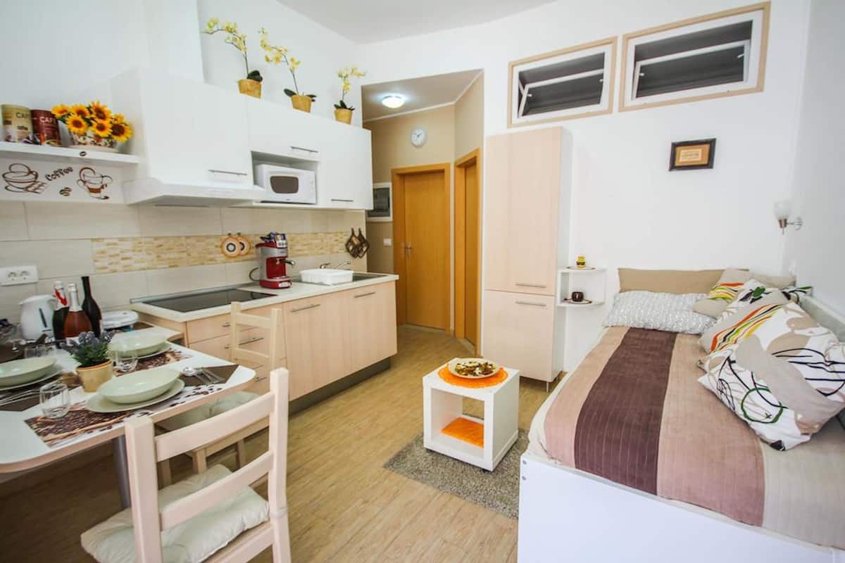 Een ruimtelijke woonkamer met kitchenette, eethoek en bed.