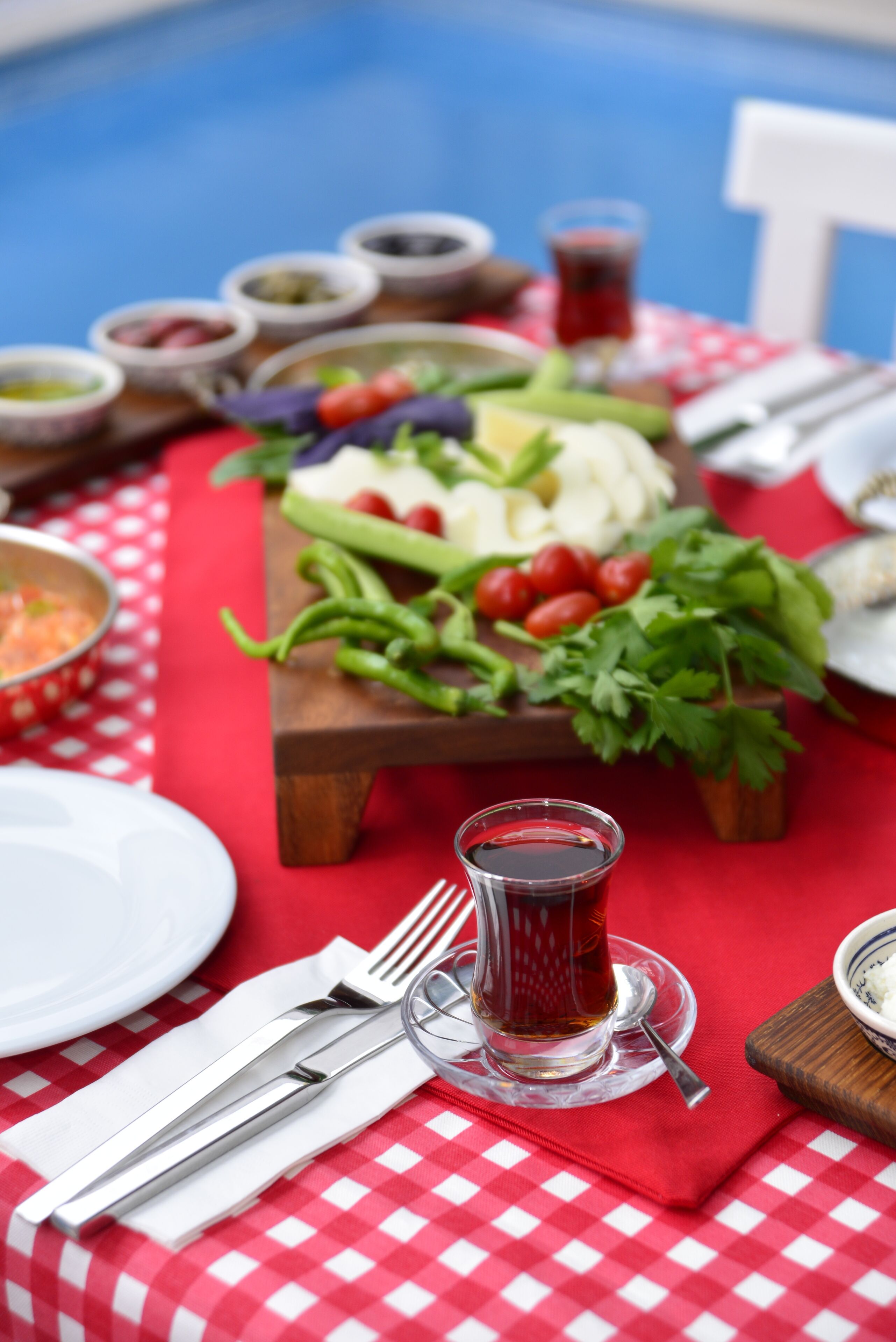 A dining table with a red and white checkered tablecloth, a glass of tea, and various dishes including a salad and a bowl of soup.