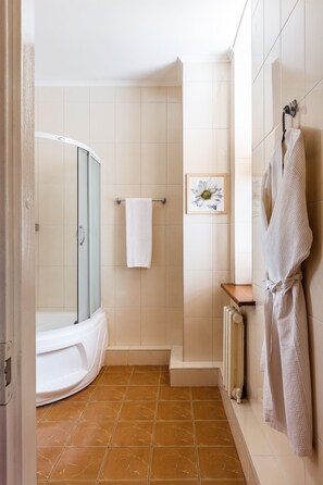 Shower, free toiletries, hair dryer, bathrobes