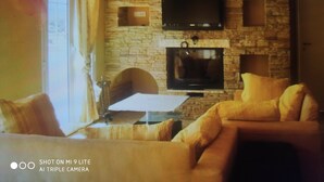 Een woonkamer met een stenen muur, een flatscreen televisie boven een open haard, een bank en een eettafel.