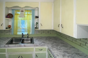 Una cucina con un lavello doppio, mobili verdi e una porta gialla.