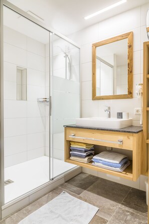 Shower, hair dryer, towels