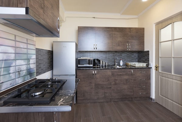 Panoramic Apartment, Balcony, City View | Private kitchen | Full-size fridge, microwave, stovetop, electric kettle