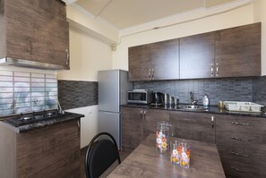 Panoramic Apartment, Balcony, City View | Private kitchen | Full-size fridge, microwave, stovetop, electric kettle