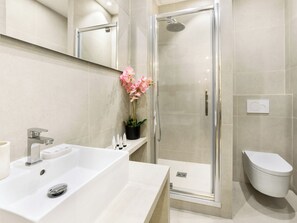 A modern bathroom with a glass shower enclosure, a white sink, and a toilet.
